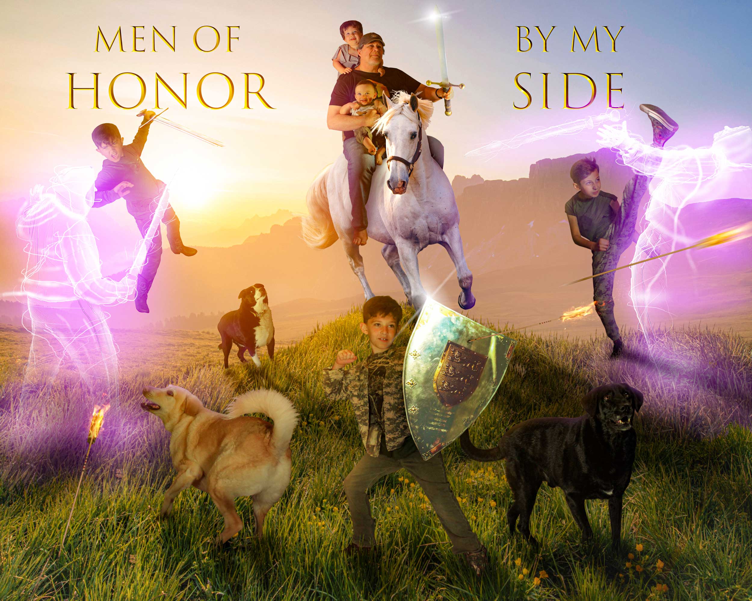 A man, his 5 young grandchildren, and 3 valiant dogs conquer a field of battle together.